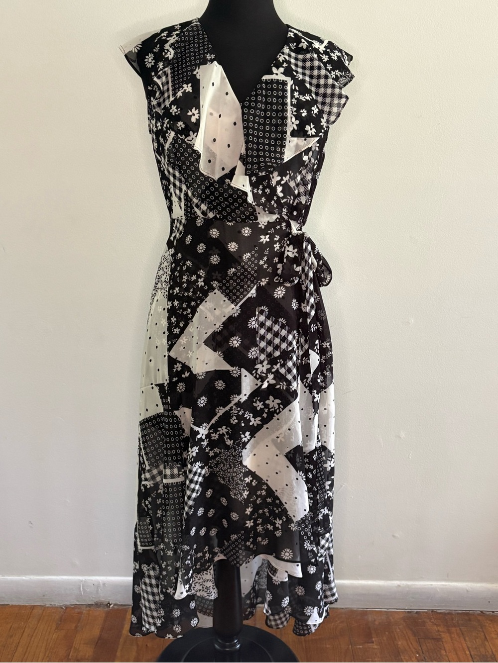 Calvin Klein Black  and White Patchwork Wrap Midi Dress 10